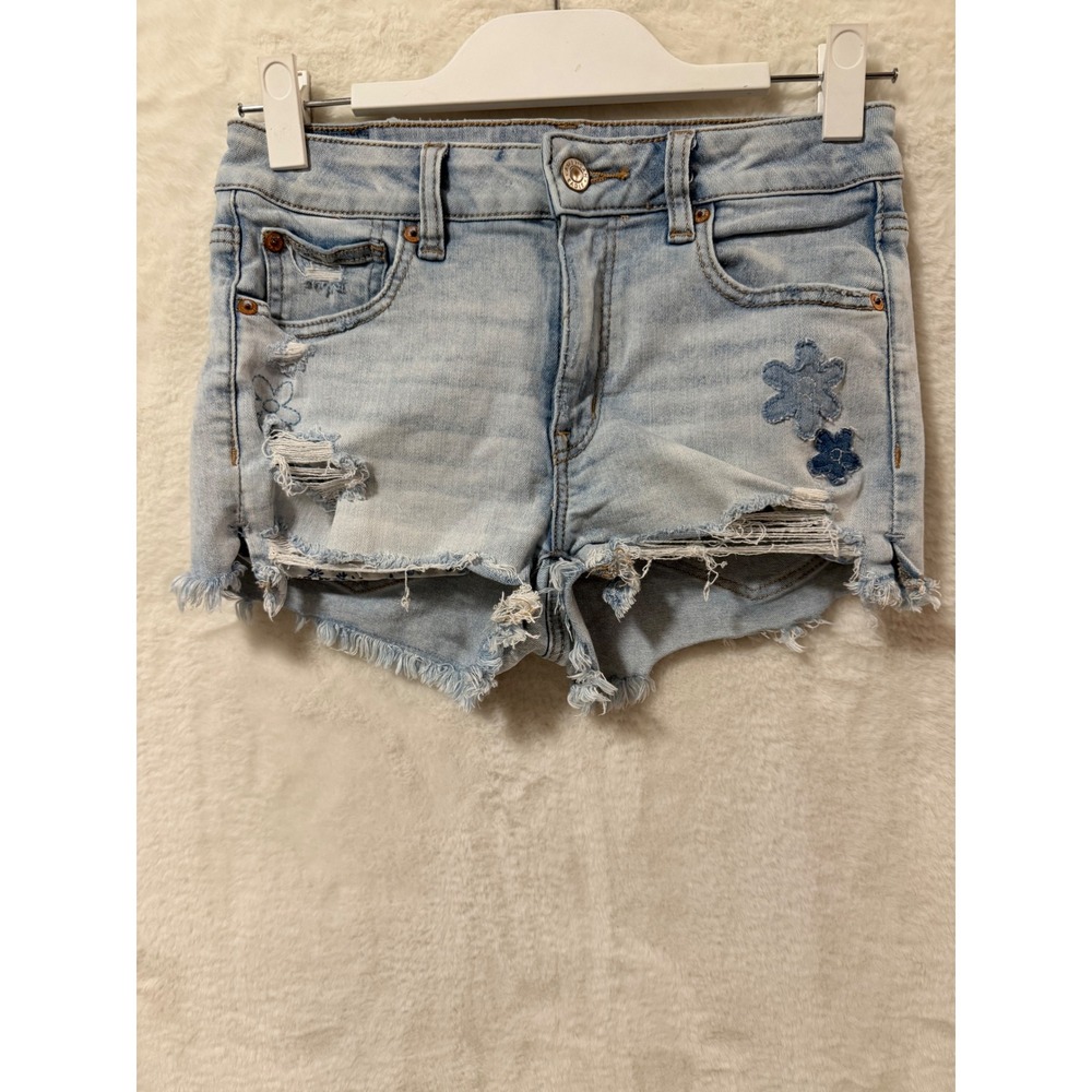American Eagle Womens 2 Next Level Stretch Distressed Floral Denim Shorts Light